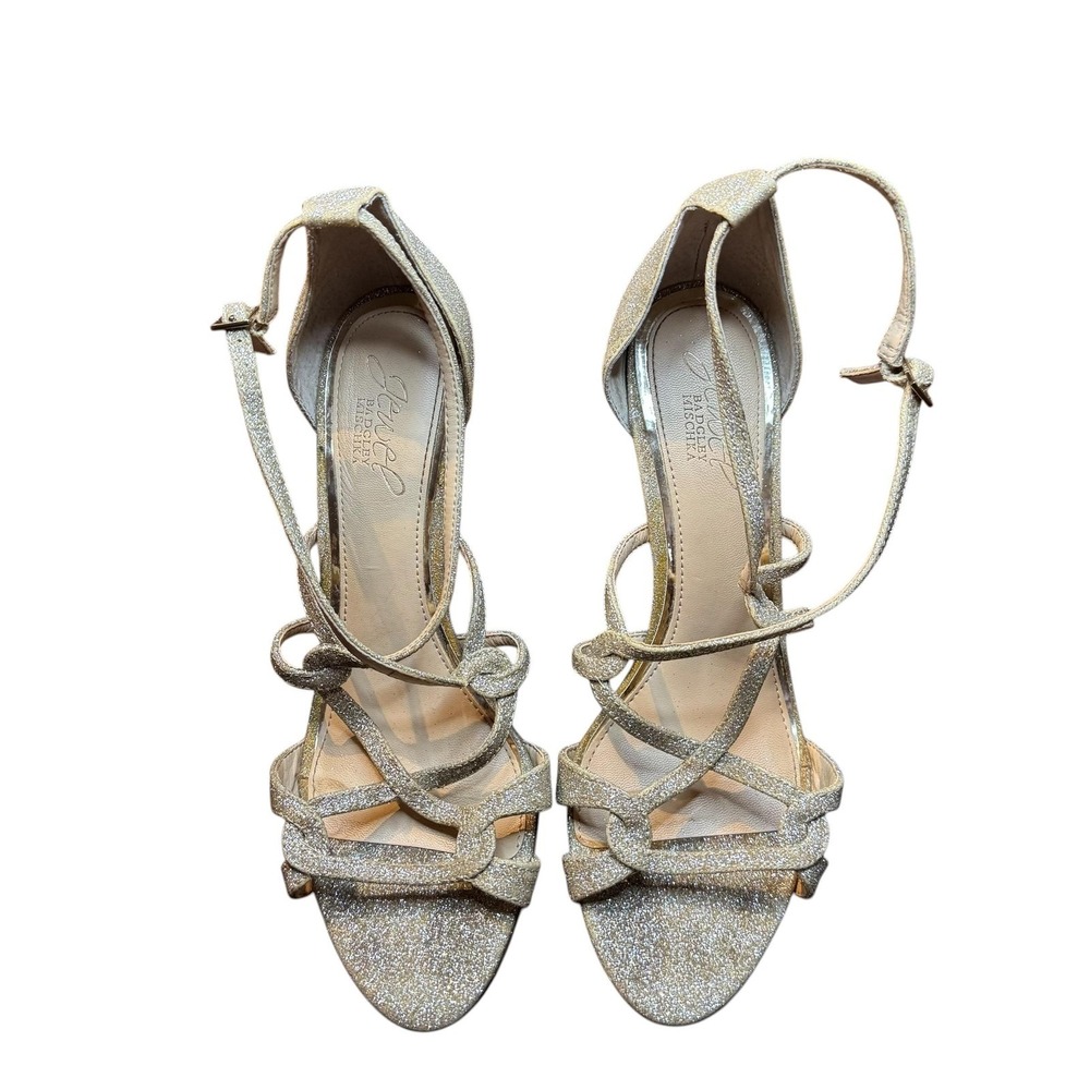 Jewel Badgley Mischka Shoes Womens Size 8‎ Gold Glitter Strappy Stiletto Sandals